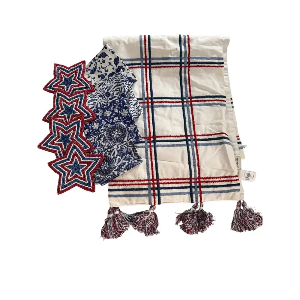 Pier 1 Red White & Blue Americana Table Runner Blue & Beaded Star Coasters NWOT